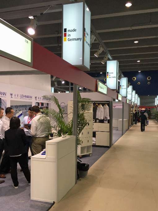 Bild: Blick auf den German Pavilion der interzum Guangzhou, China, 2020, mit dem Slogan Made in Germany. Foto: IFN. 